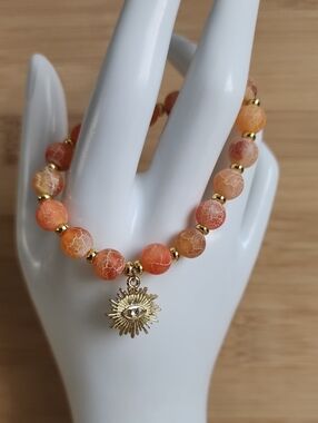 🆕️Fire Dragon Agate Bead Bracelet with Evil Eye Sunburst Charm